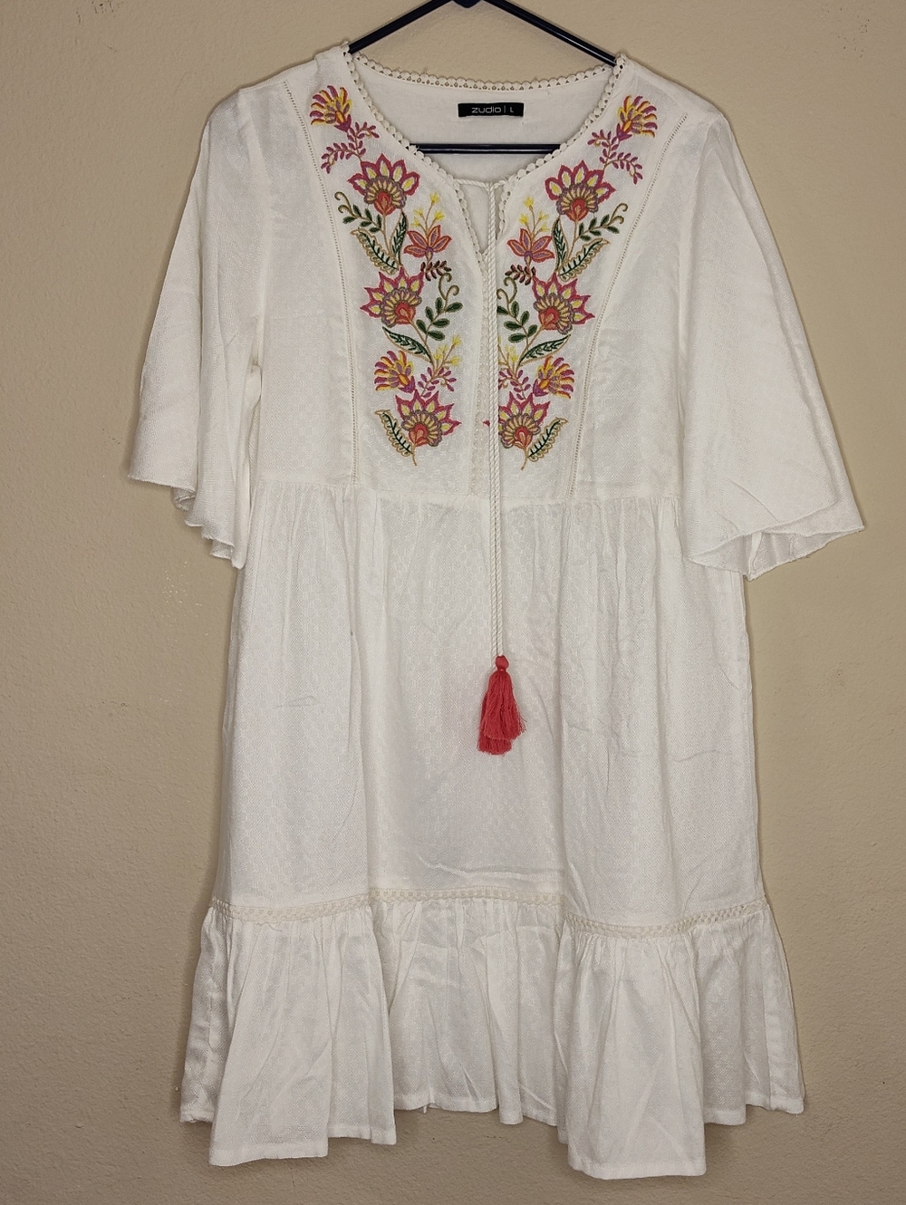 Zudio White Boho Mini Dress with Red Tassel and Embroidered Flowers Flowy